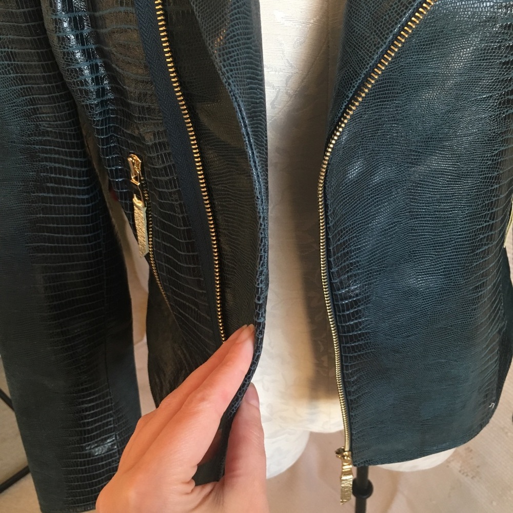 Elie Tahari Green Snake Print Leather Moto Jacket - Picture 4 of 8